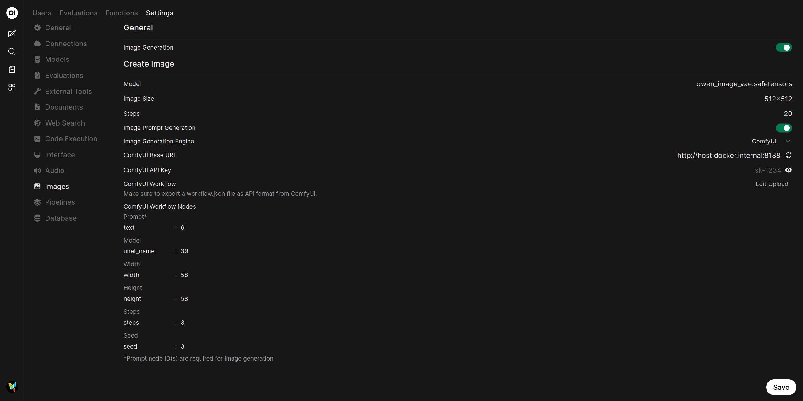 Screenshot of the ComfyUI Workflow section in Open WebUI, showing the upload button.