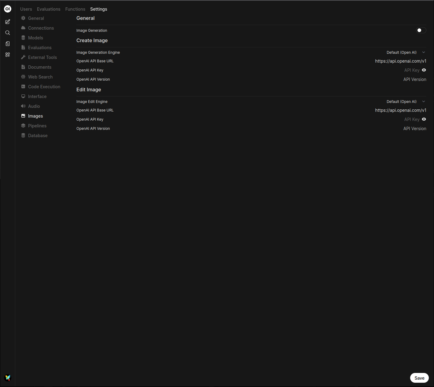 Screenshot of the Open WebUI Images settings page with Open AI selected and the API endpoint URL, API key, and model fields highlighted for Image Router configuration.