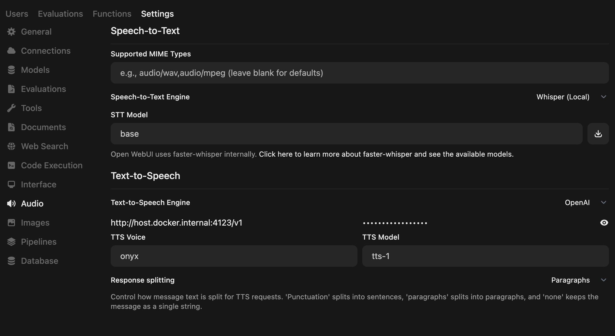 Screenshot of Open WebUI Admin Settings for Audio adding the correct endpoints for this project