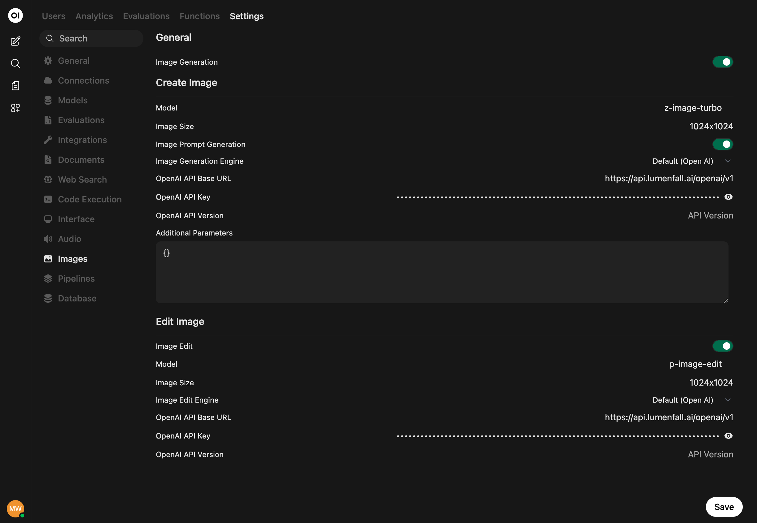 Screenshot of the Open WebUI Images settings page configured with Lumenfall.
