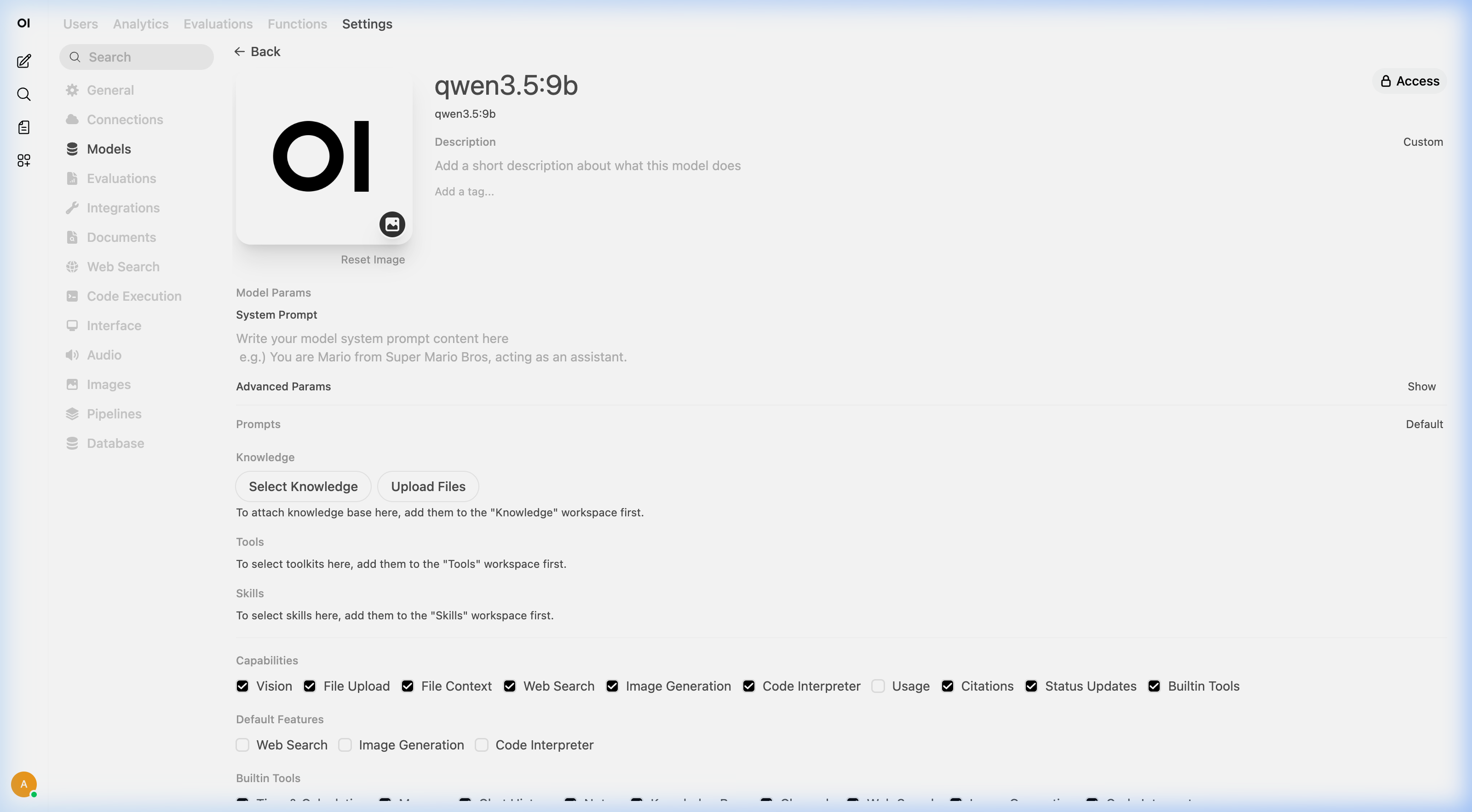 Open WebUI model capabilities page