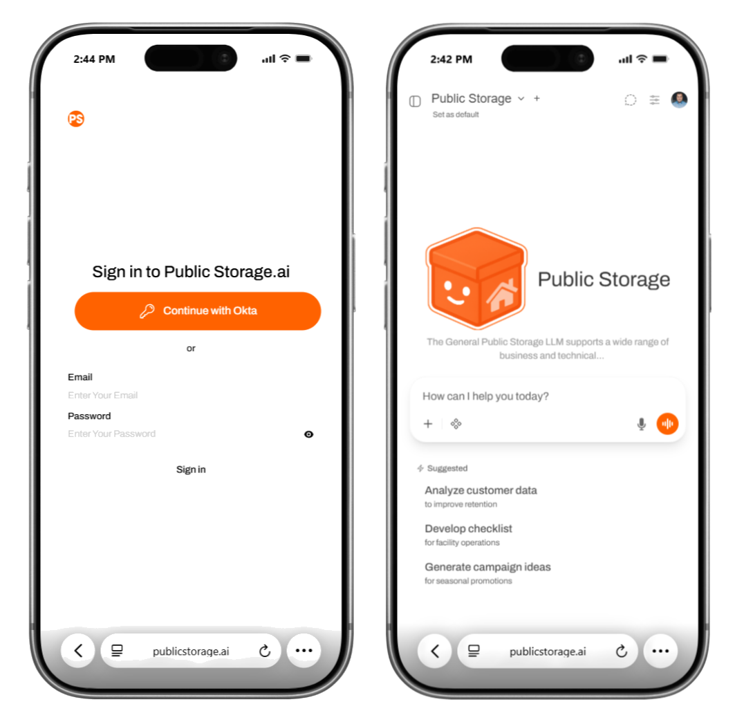 Phone screenshot of the Public Storage internal AI platform powered by Open WebUI.
