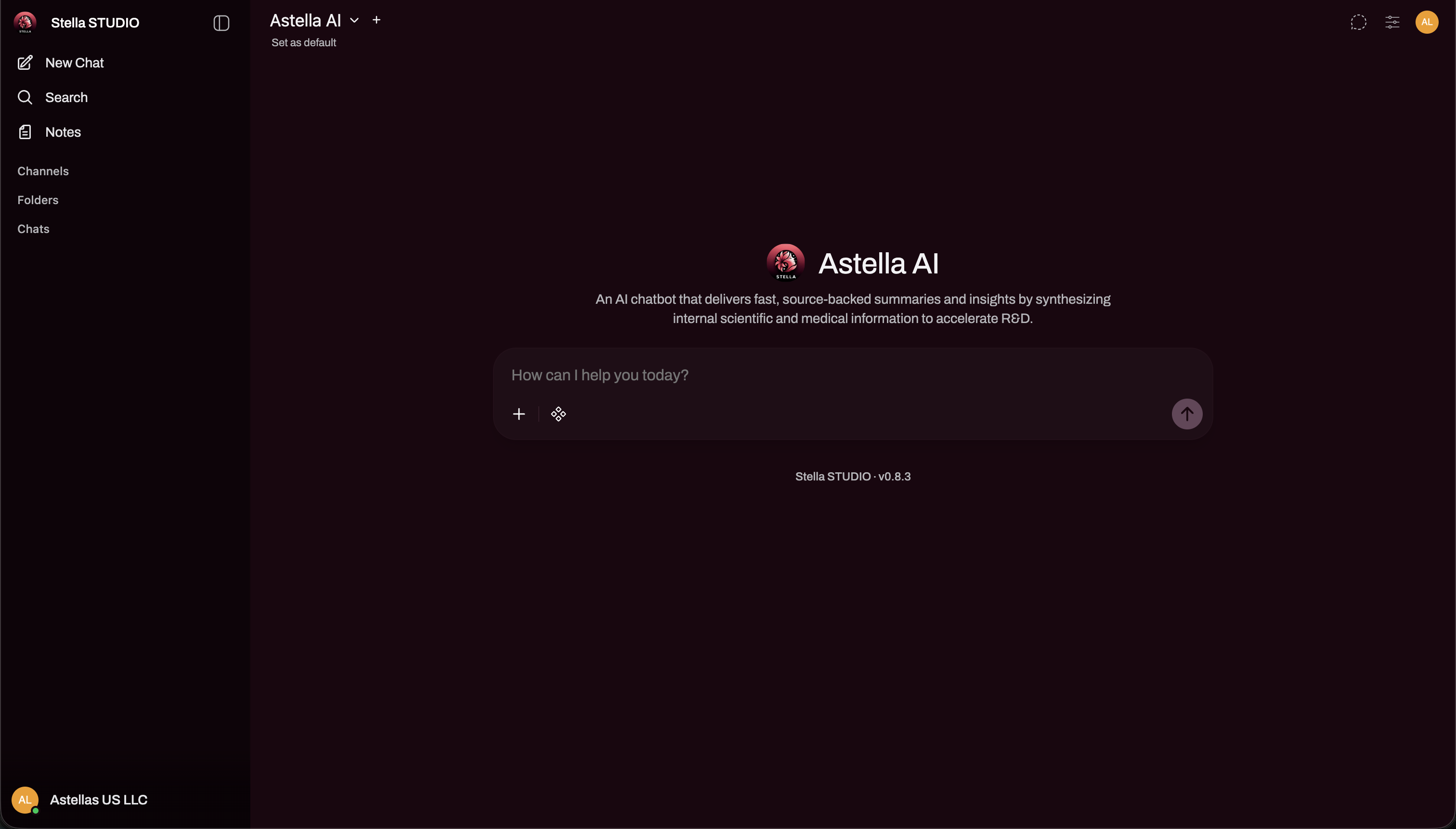 Screenshot of Open WebUI showing the Astellas internal AI platform.