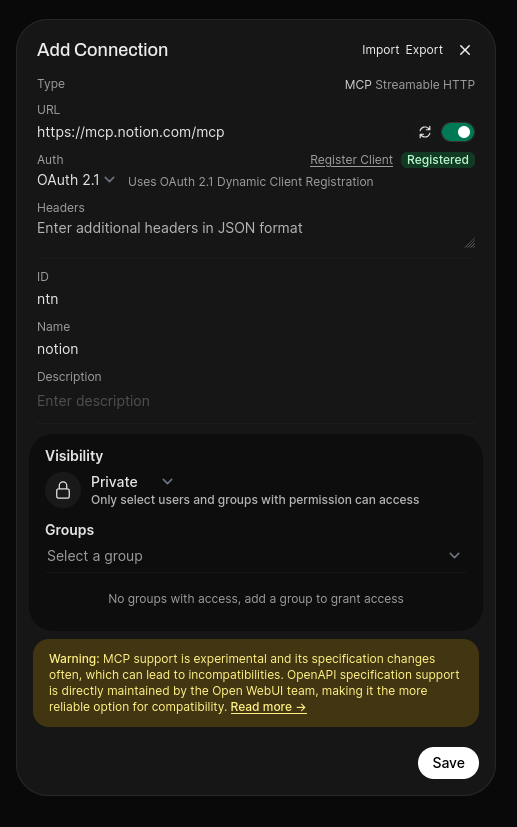 已导入 Notion MCP 配置的外部工具模态框。